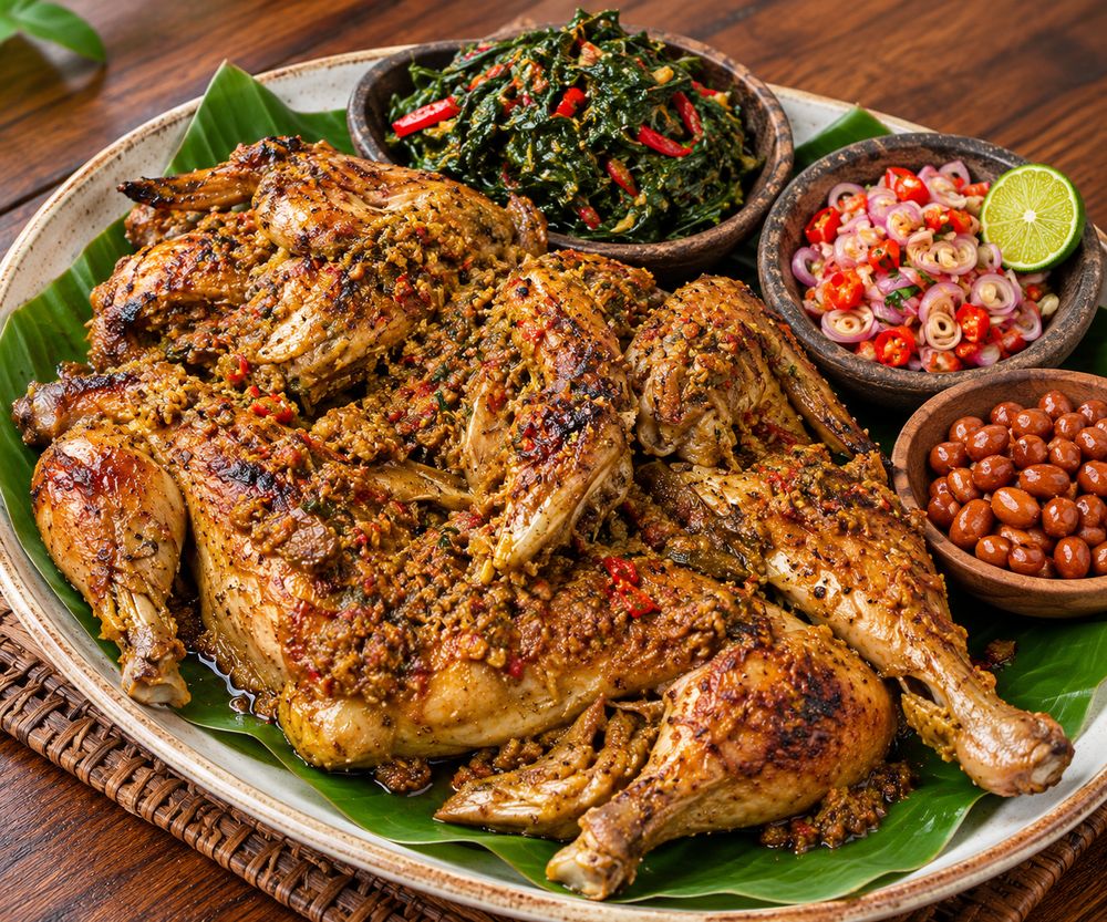 Ayam betutu berbumbu rempah di atas daun pisang dengan sambal matah dan kacang tanah